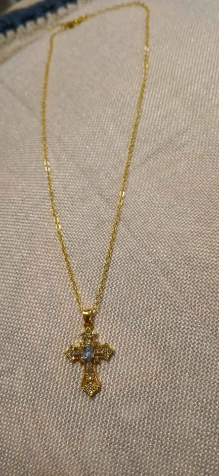 New Aquamarine Gemstone Cross Golden Necklace - photo 4