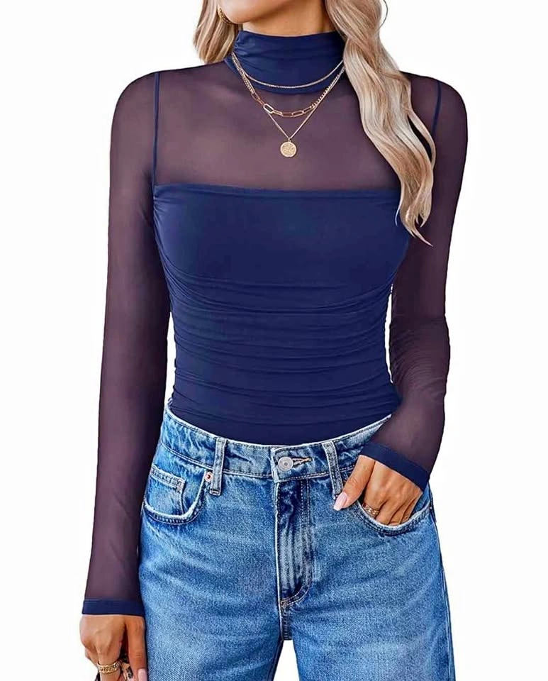 NEW Avidlove Womans Large Navy Blue Mesh Long Sleeve Bodysuit