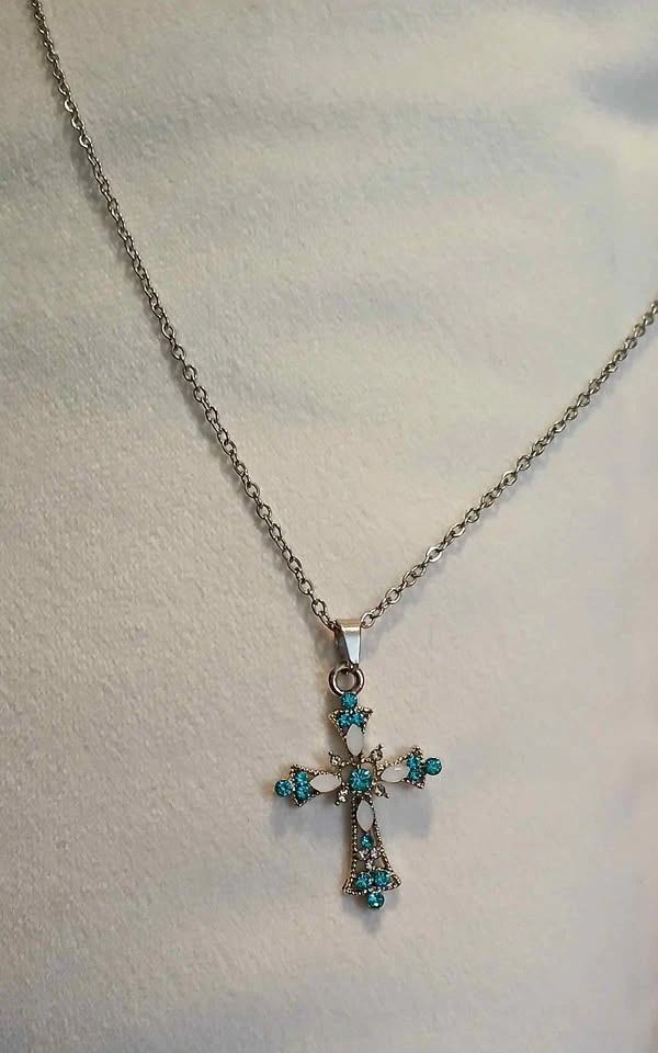 New Silver Blue Gemstone Cross Necklace