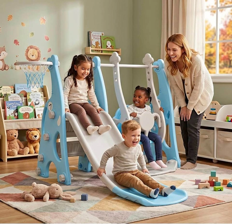 New! 4-in-1 Slide and Swing Set with Climber and Basketball Hoop