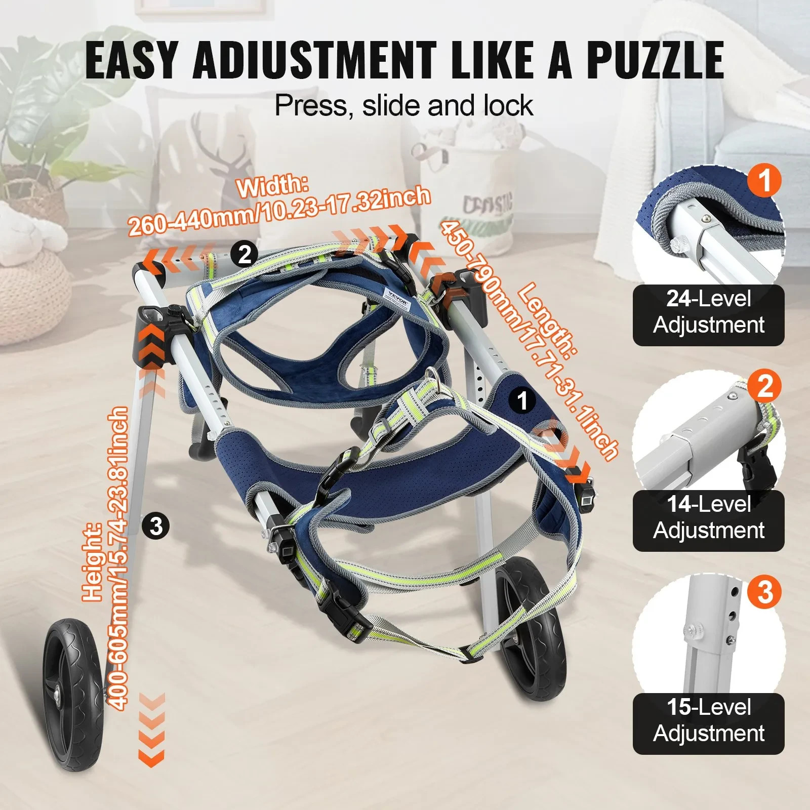 VEVOR Dog Wheelchair Rear Support 2 Wheels Adjustable Cart Hind - photo 4