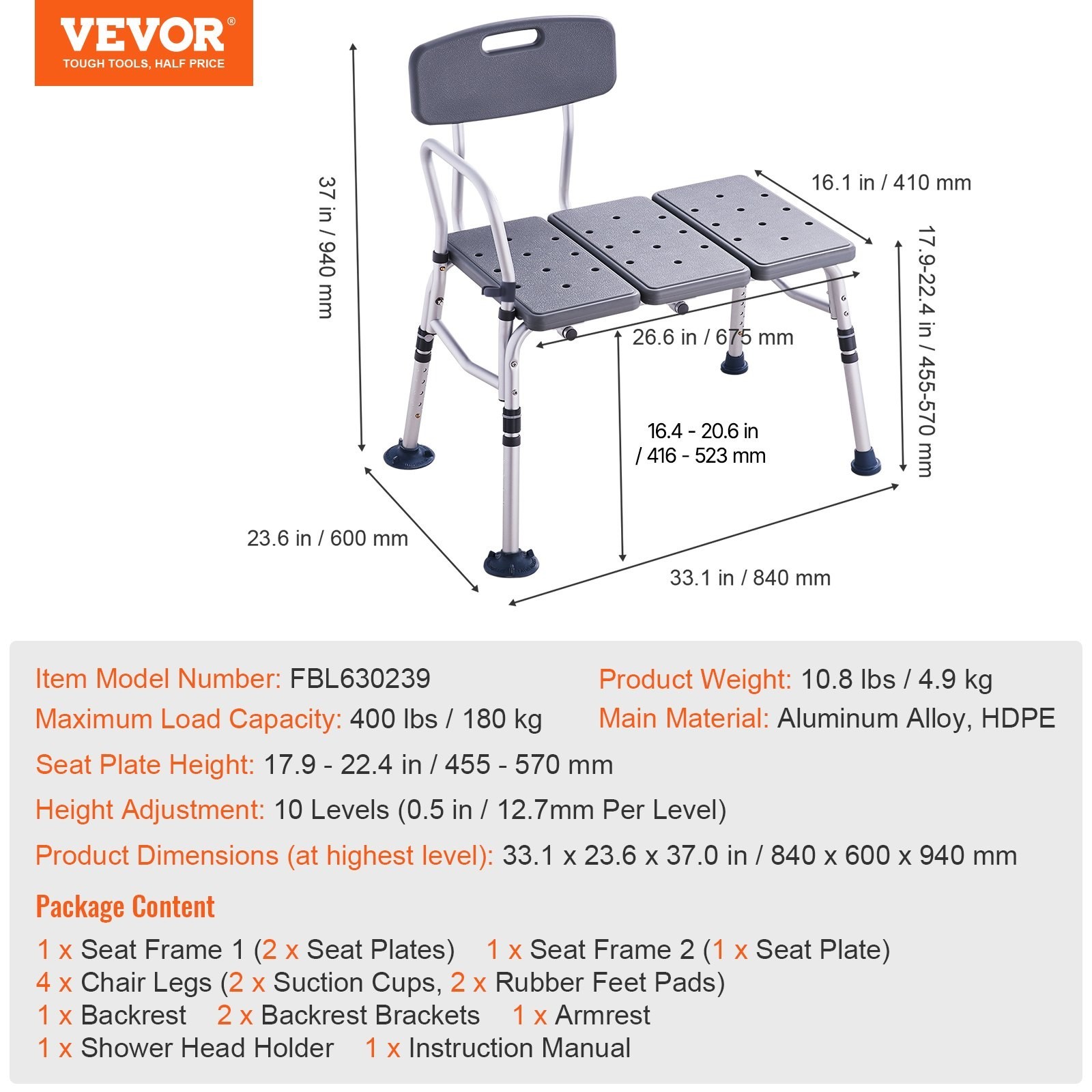 VEVOR Tub Transfer Bench for Bathtub, Adjustable Shower Seats fo - photo 4