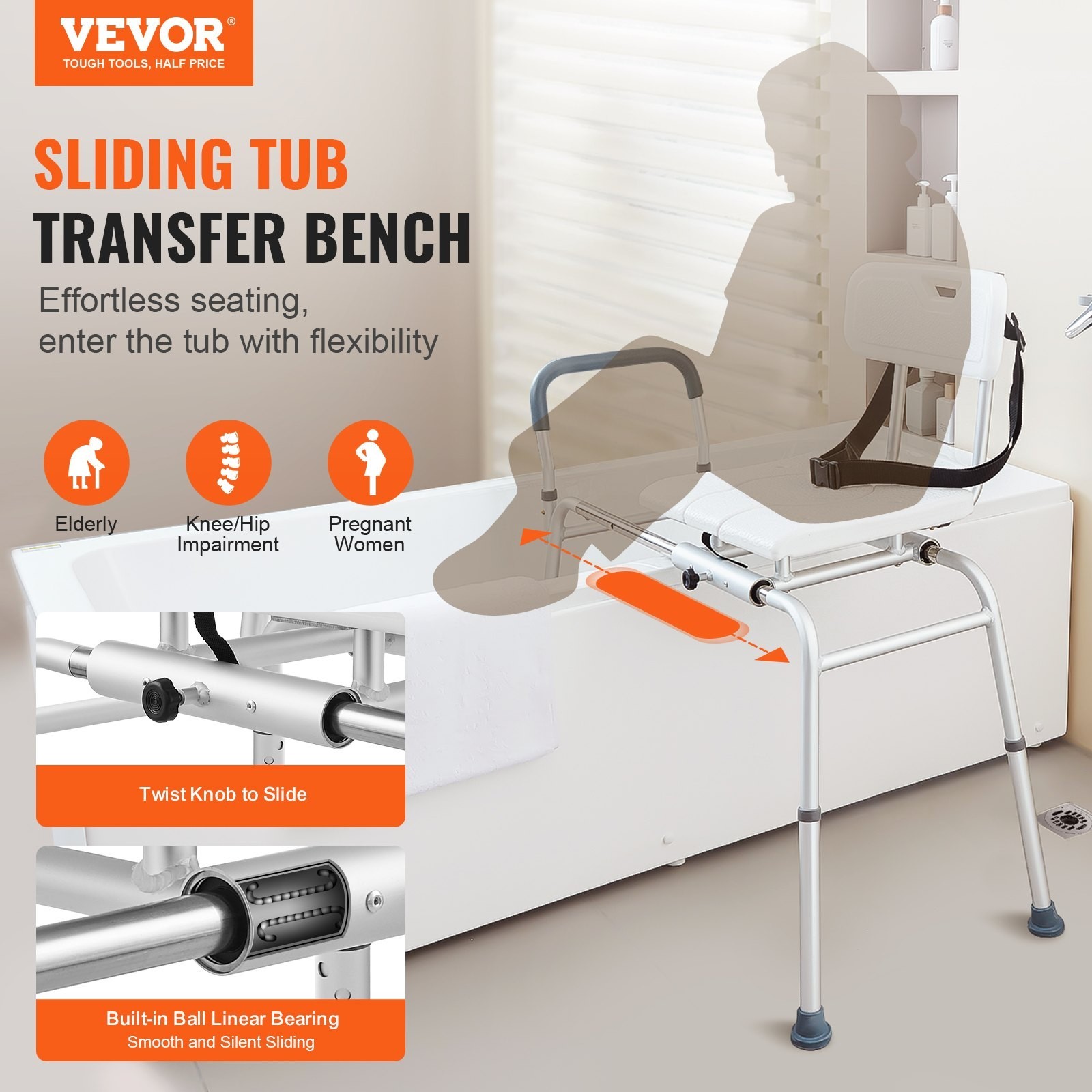 VEVOR Sliding Tub Transfer Bench, Height Adjustable