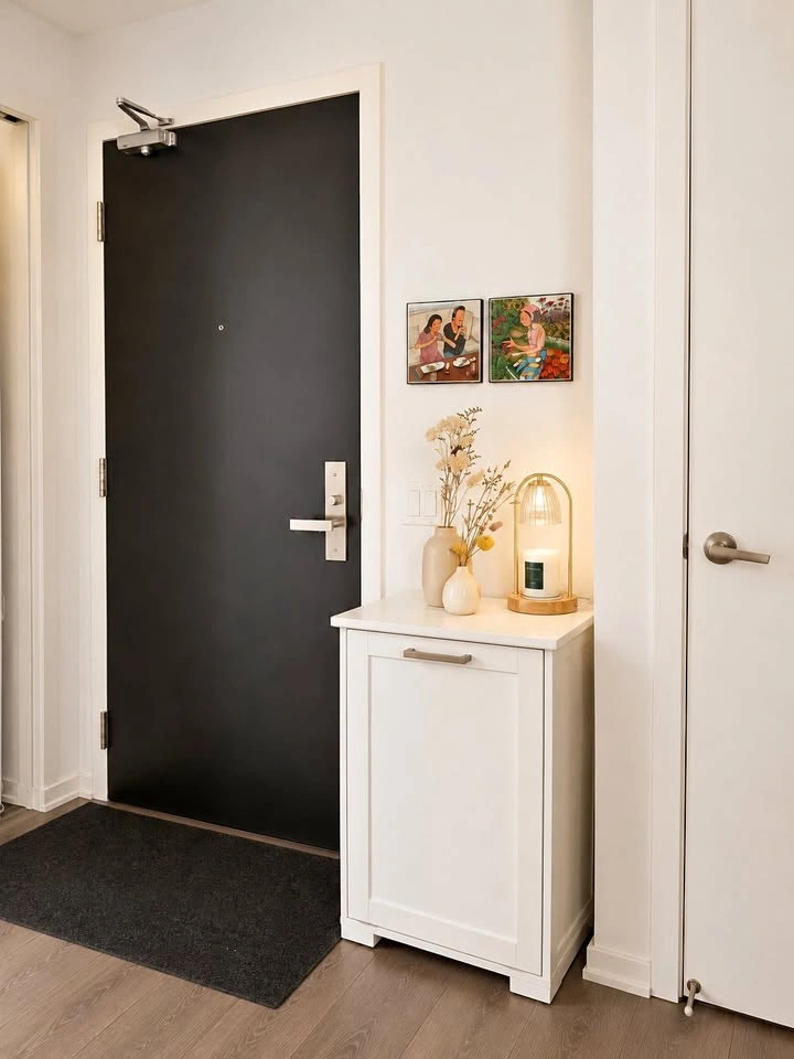 White Laundry/Trash Cabinet – Slim Entryway