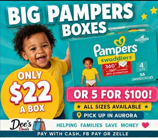 Pampers Diapers Sale $22 a box!! 5 BOXES FOR $100!!