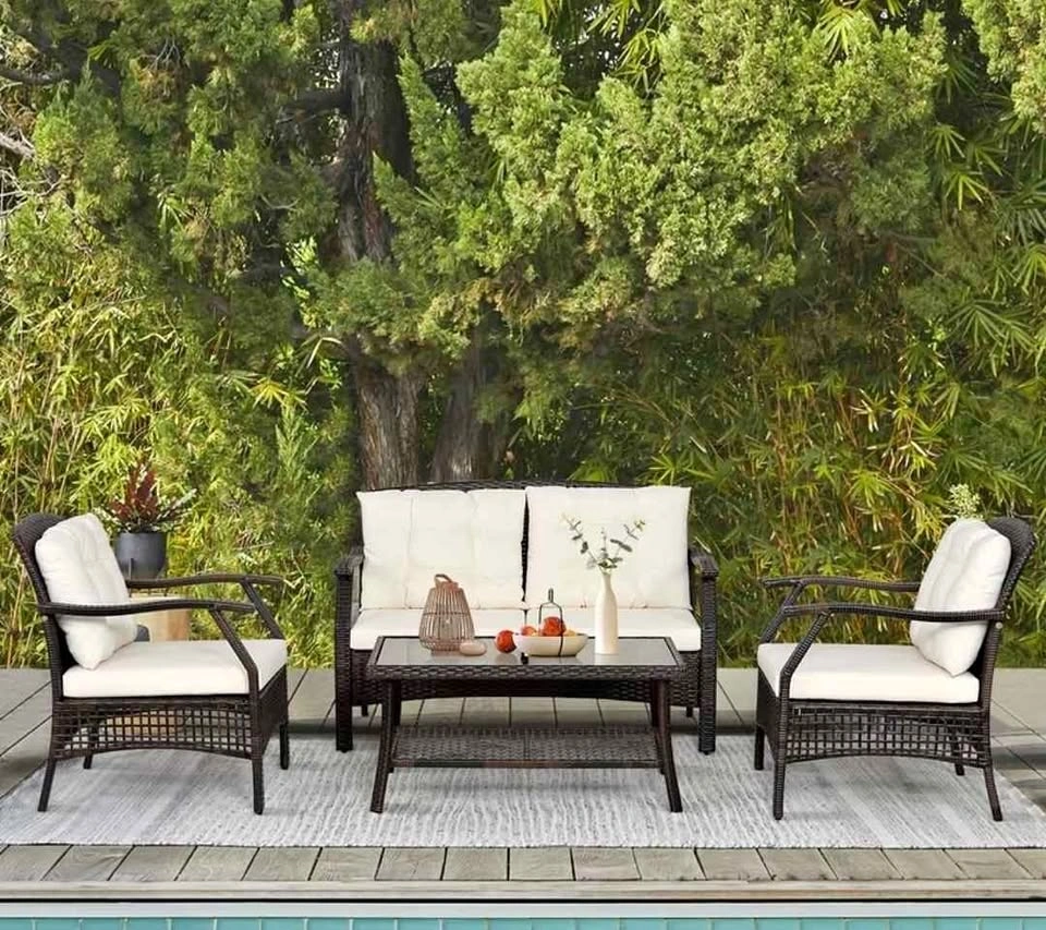 4 PC Outdoor Rattan Conversation Set Patio Sofa Set w/ Cover