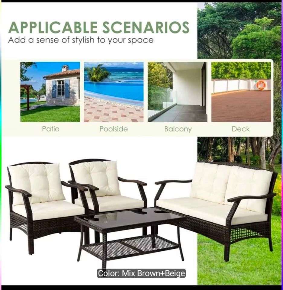 4 PC Outdoor Rattan Conversation Set Patio Sofa Set w/ Cover - photo 3