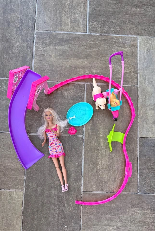 Barbie Pet Play Set w Doll, Dogs, Slide, Stroller