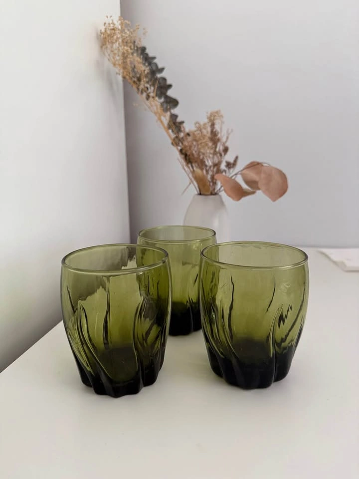 Vintage Olive Green Drinking Glasses - Set of 3