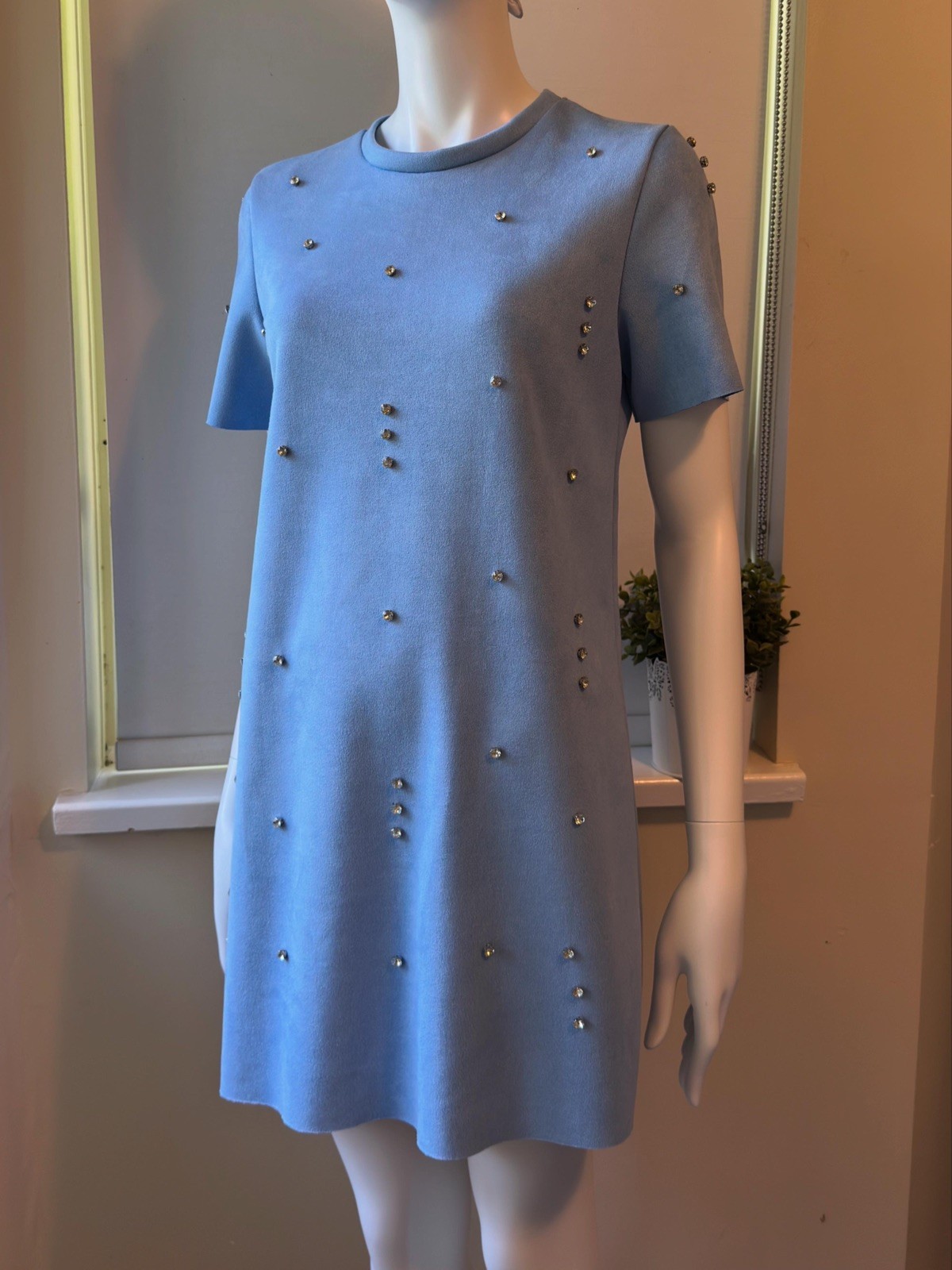 KOKER Light Blue Rhinestone Accent Mini Dress - Size M
