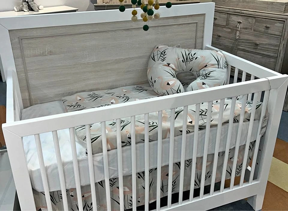 Modern White & Wood Baby Bed + Mattress - Excellent Condition