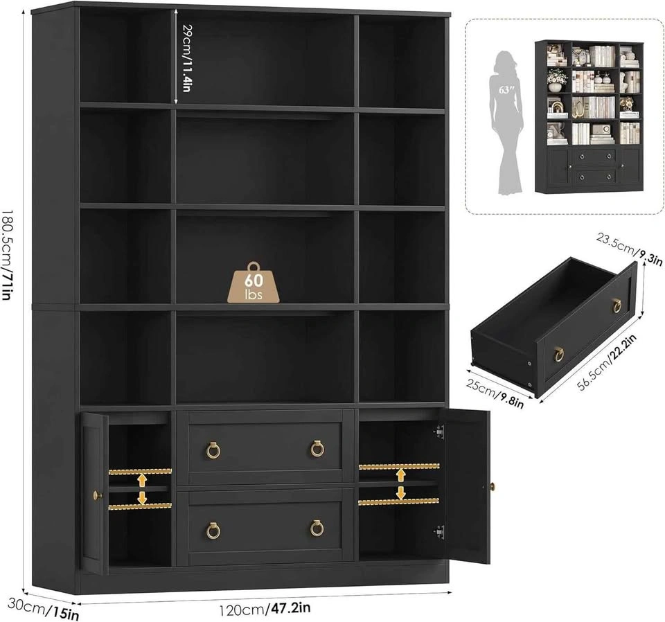 Finetones 71" H Black Bookshelf with Doors - photo 2