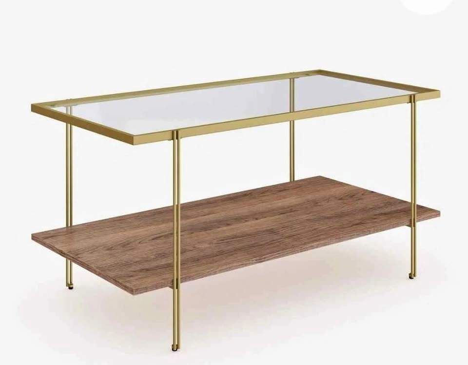 Modern Glass and Gold Coffee Table with Wood Shelf