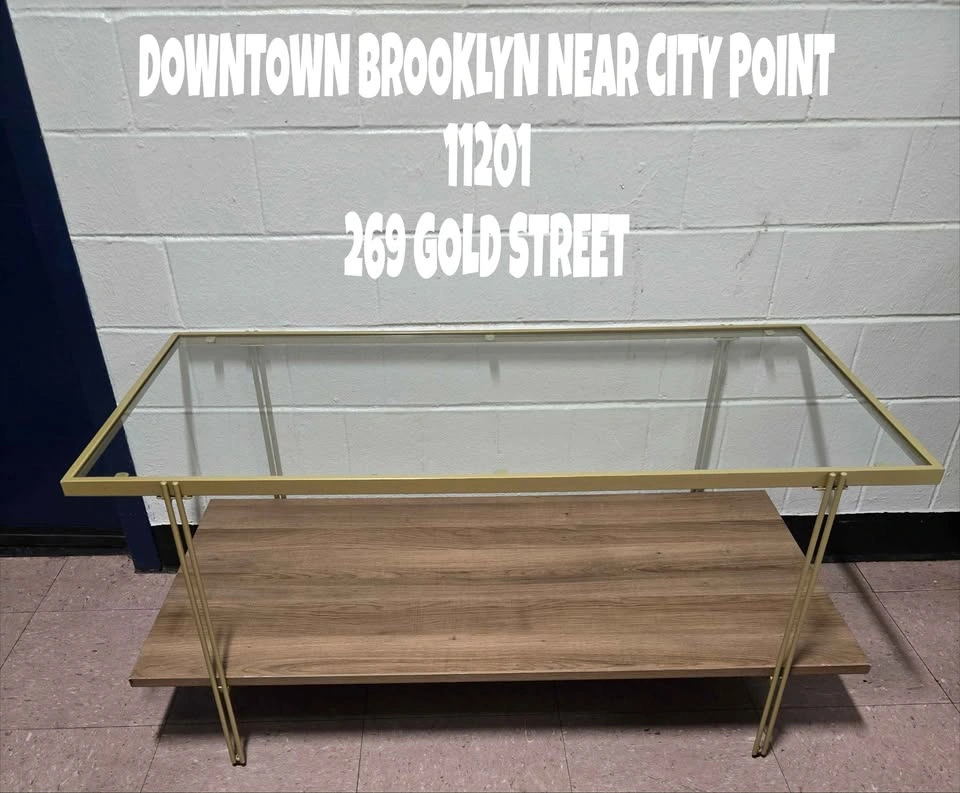 Modern Glass and Gold Coffee Table with Wood Shelf - photo 2
