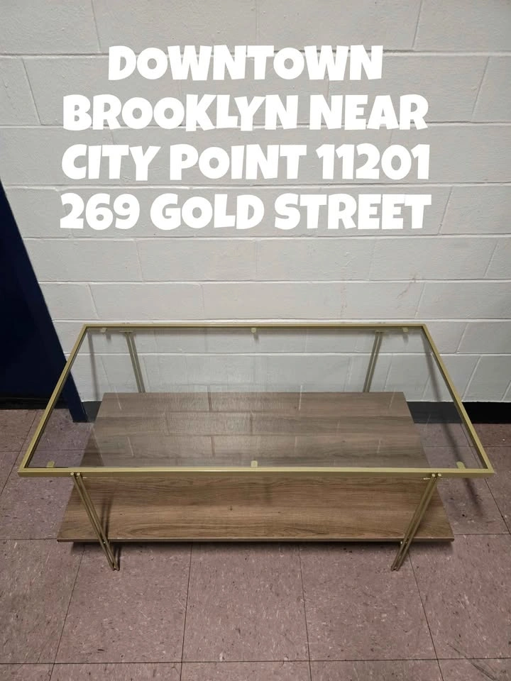 Modern Glass and Gold Coffee Table with Wood Shelf - photo 3