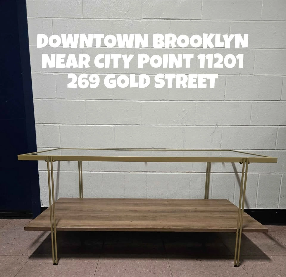 Modern Glass and Gold Coffee Table with Wood Shelf - photo 4