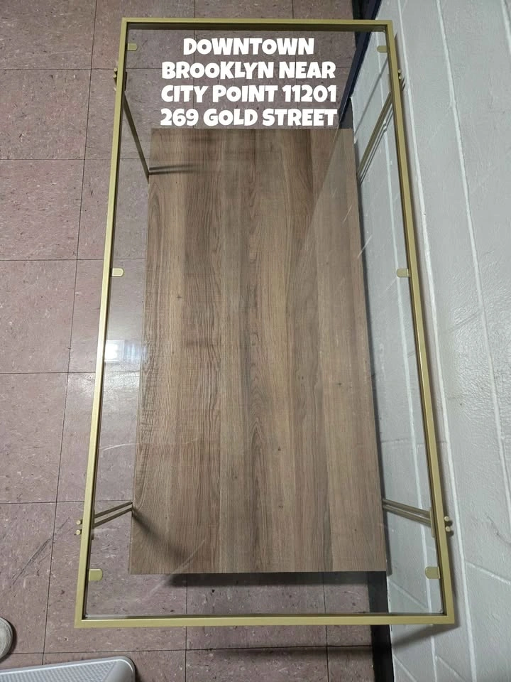 Modern Glass and Gold Coffee Table with Wood Shelf - photo 5