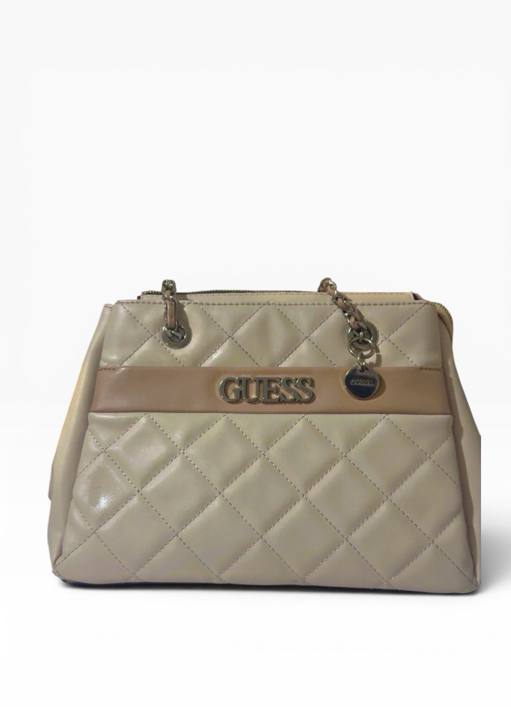 GUESS Beige Quilted Shoulder Bag Gold Hardware Chain Strap Logo - photo 3