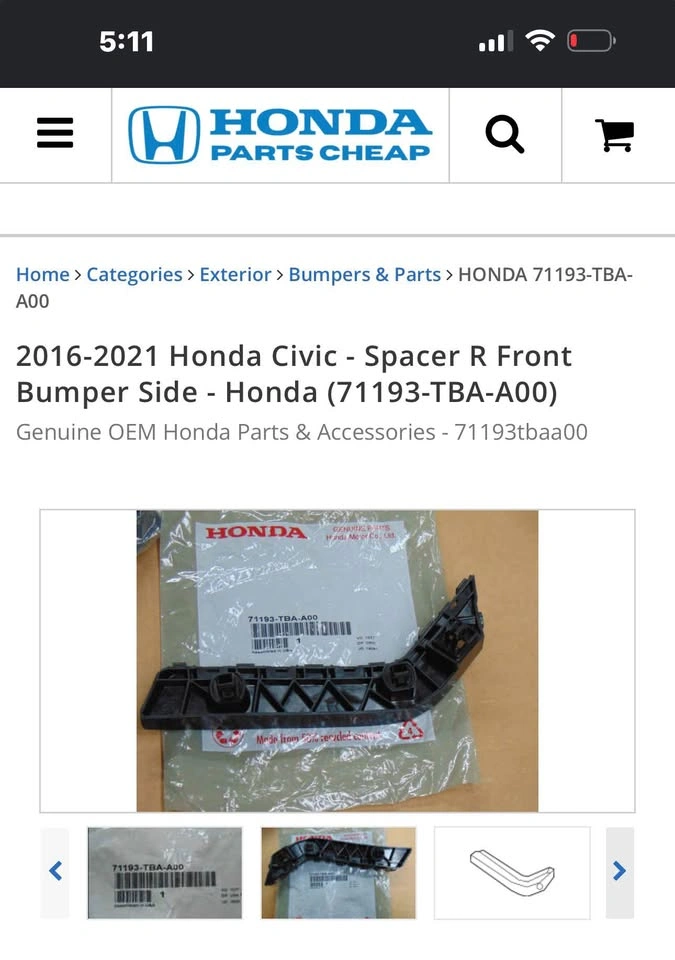 2016-2021 Honda Civic Bumper Side Spacer - OEM Honda - photo 3