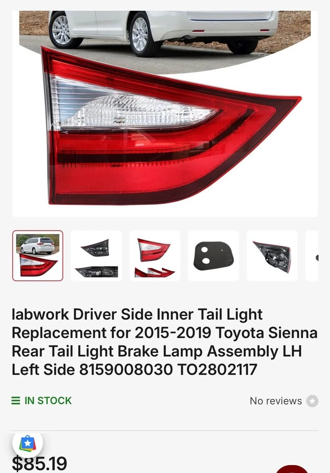 2015-2019 Toyota Sienna Driver Side Inner Tail Light LH - photo 4
