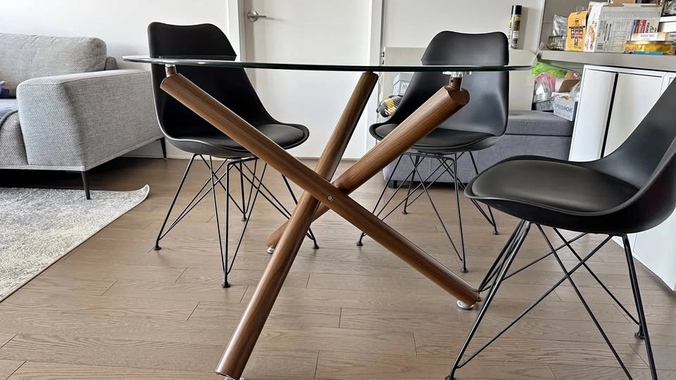 Glass Top Dining Table with Walnut Legs + 4 Chairs