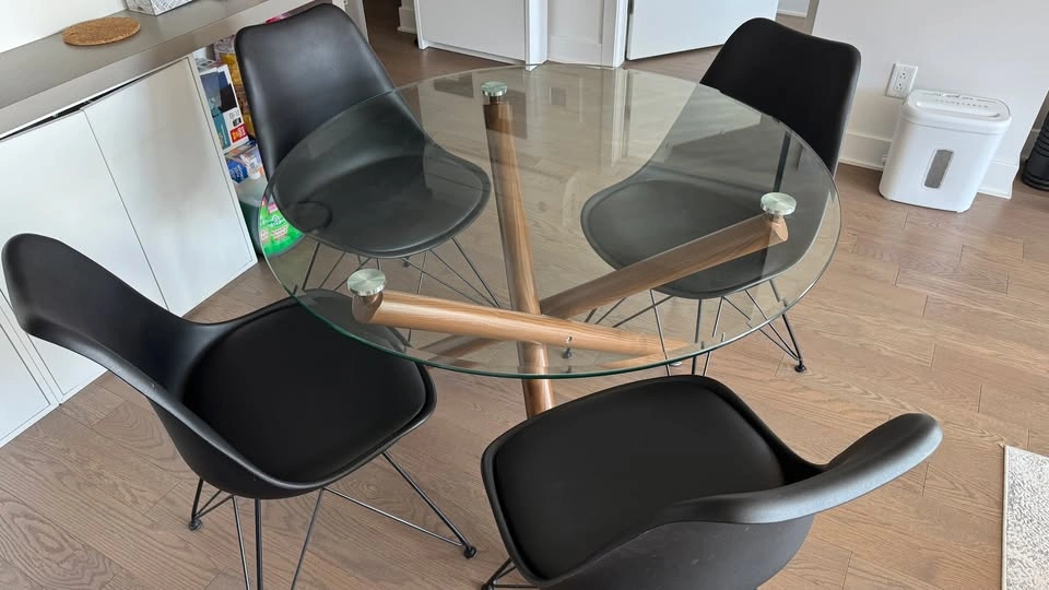 Glass Top Dining Table with Walnut Legs + 4 Chairs - photo 3