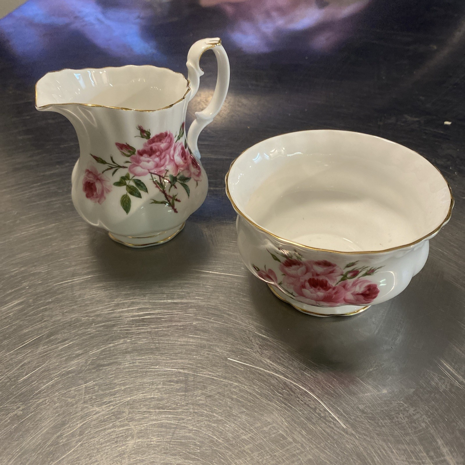 Royal Albert Rose Footed Creamer & Sugar Bowl Set - England
