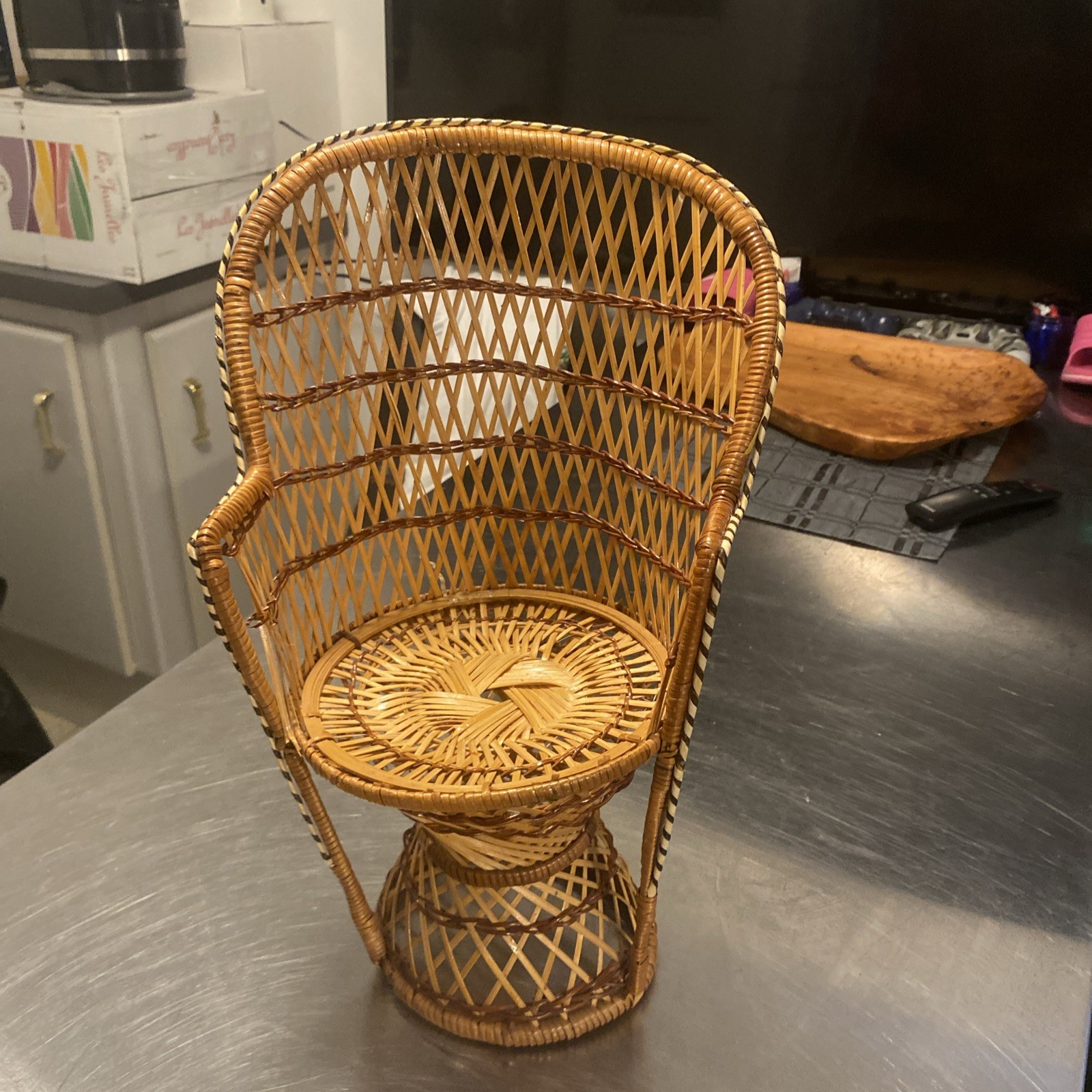 Vintage Wicker Doll Chair - Brown Peacock Fan Back Boho Style