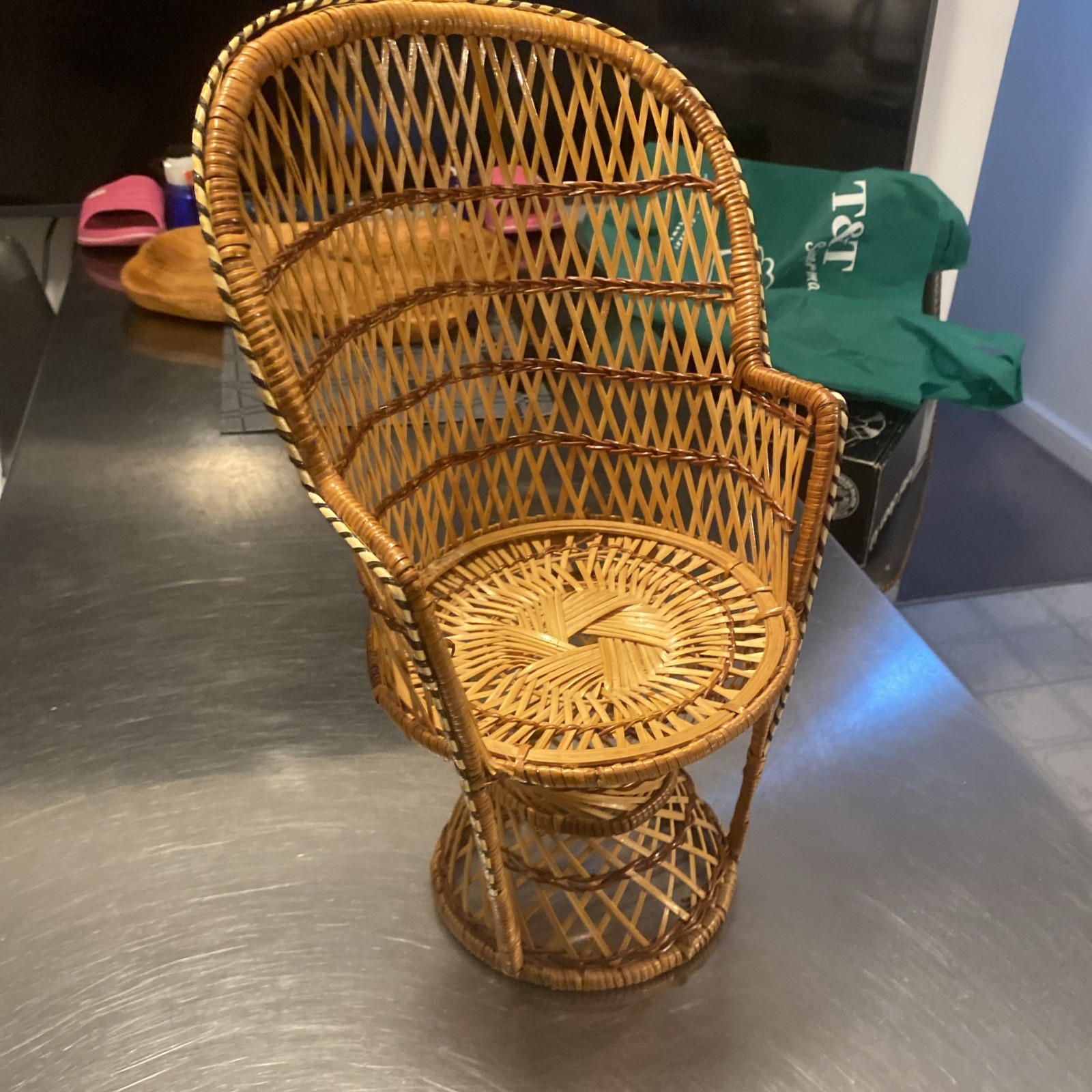 Vintage Wicker Doll Chair - Brown Peacock Fan Back Boho Style - photo 2