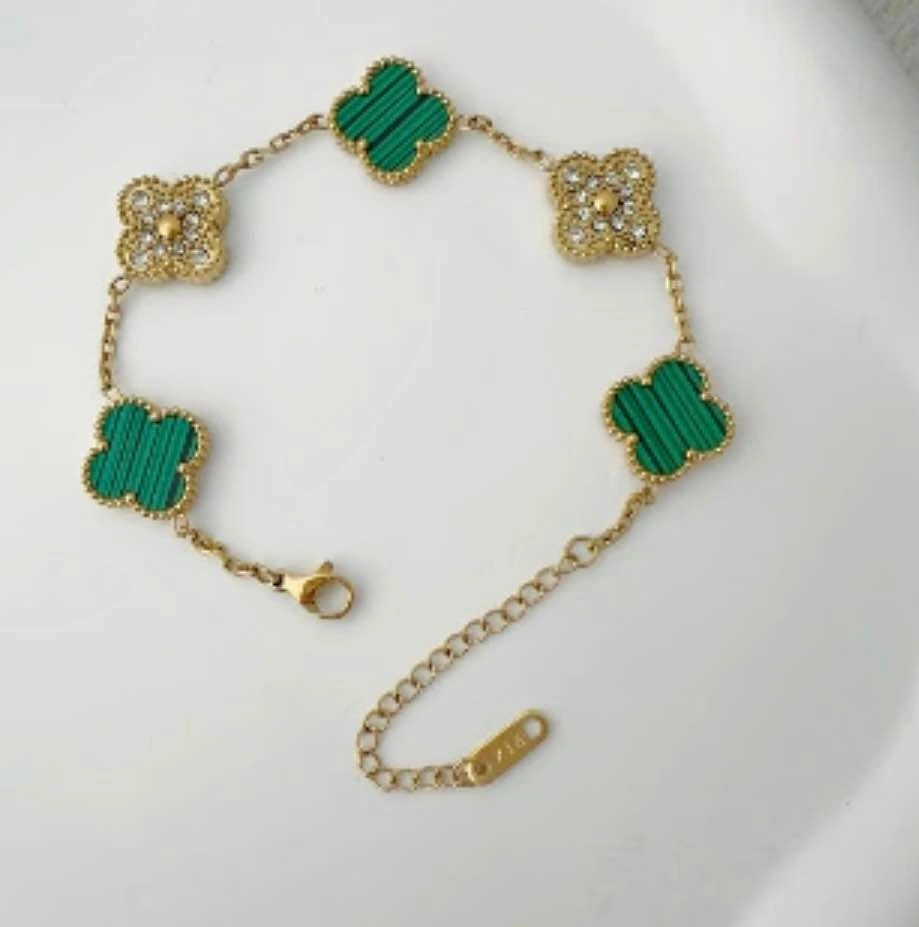 Beautiful Clover Malachite CZ Bracelet 925 Silver 18k Gold Plate