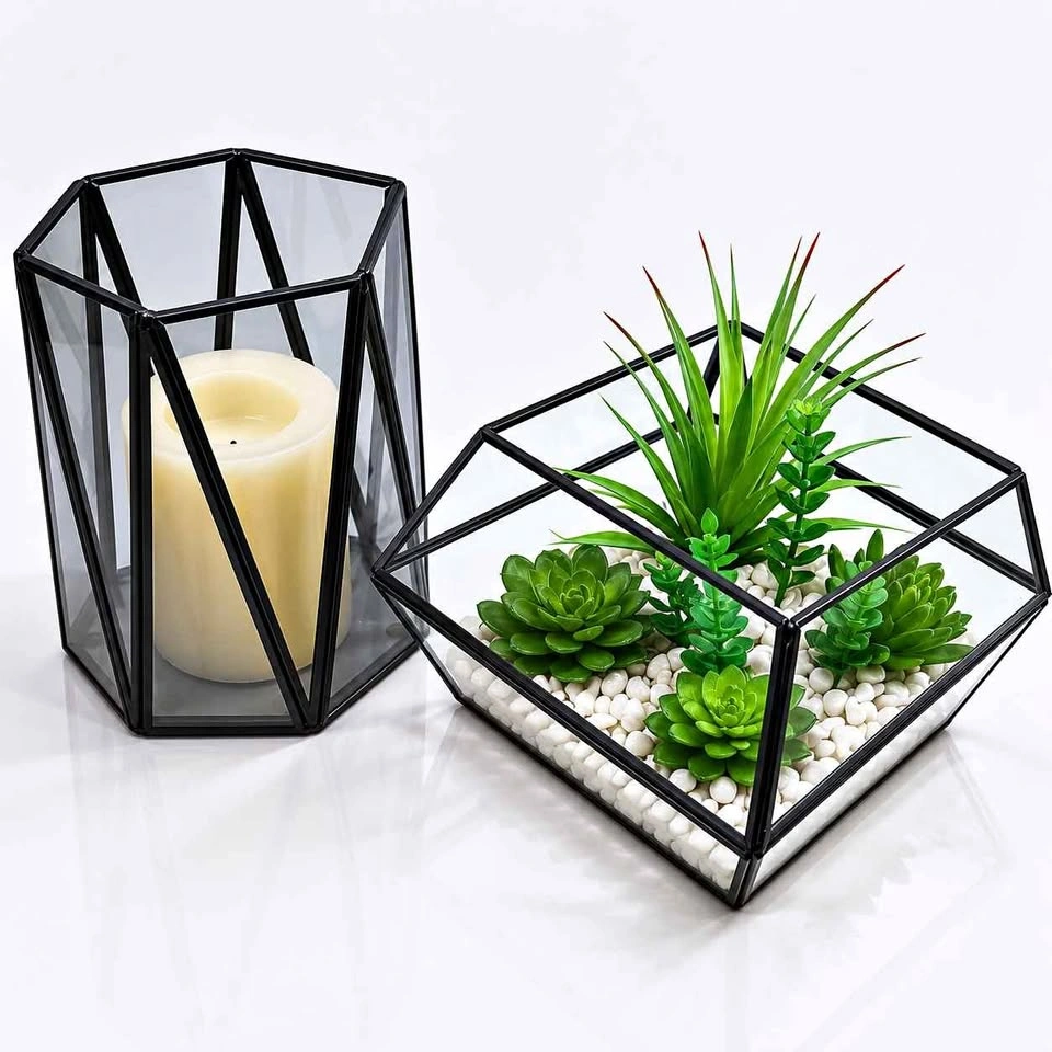CB2 Luce Smoked Glass Hurricane & Geometric Terrarium Decor