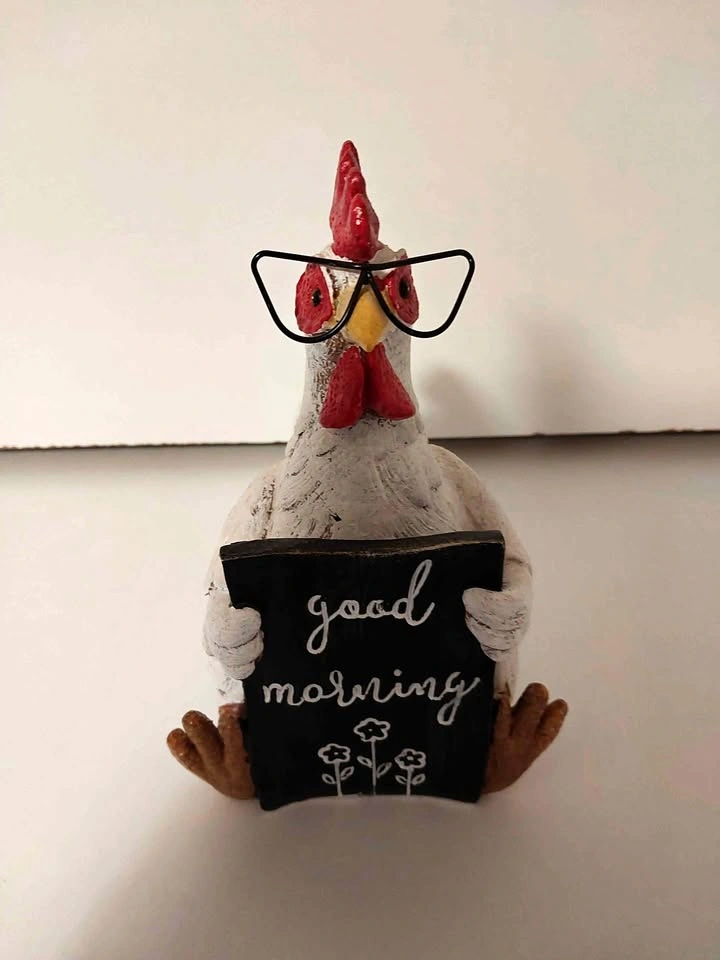 Cute Chicken Figurine with Glasses Good Morning Sign