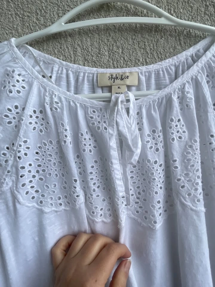 Style & Co White Eyelet Blouse XL | Boho Cotton Top - photo 4