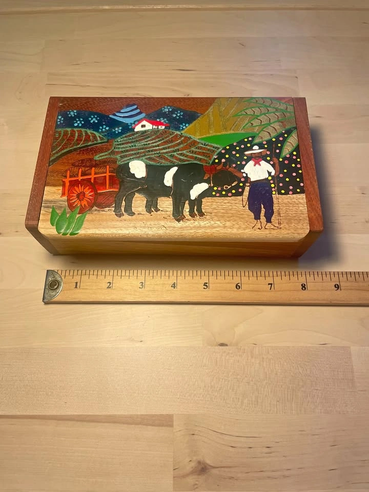 Vintage Costa Rica Hand Painted Wood Jewelry Box, 8x5"