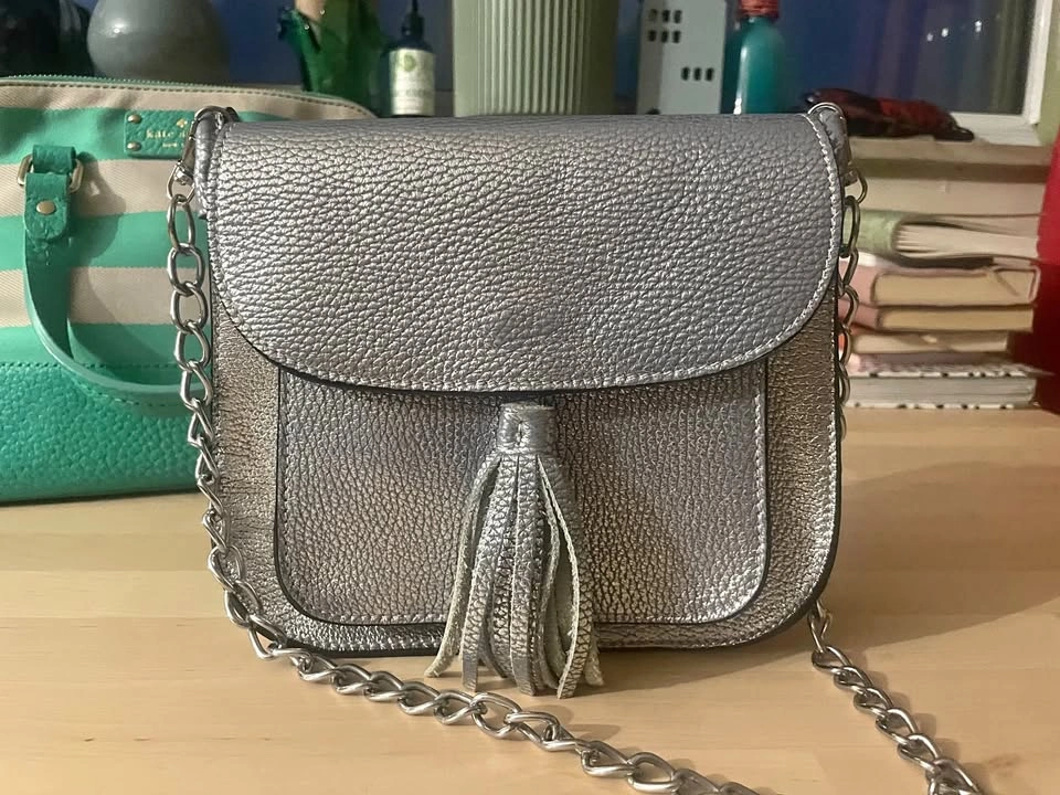 Silver Shiny Leather Bag from Italy - Crossbody