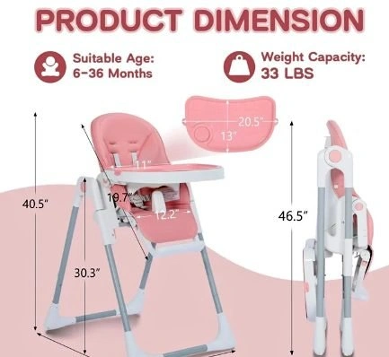 3 in 1 Foldable High chair - Pink