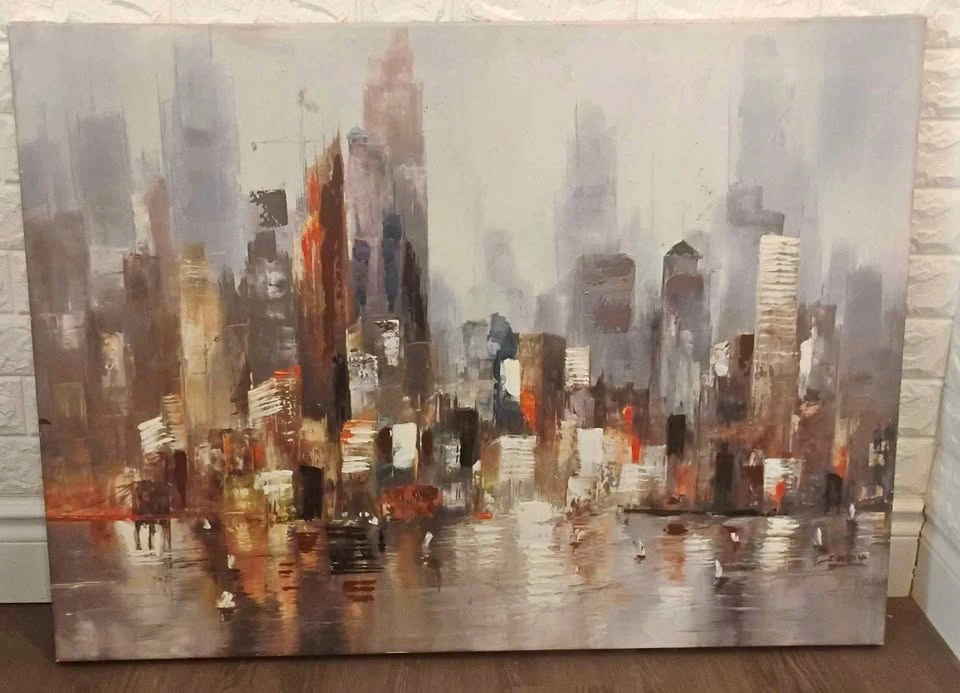 Large Abstract Cityscape Canvas Painting – 37” x 27”