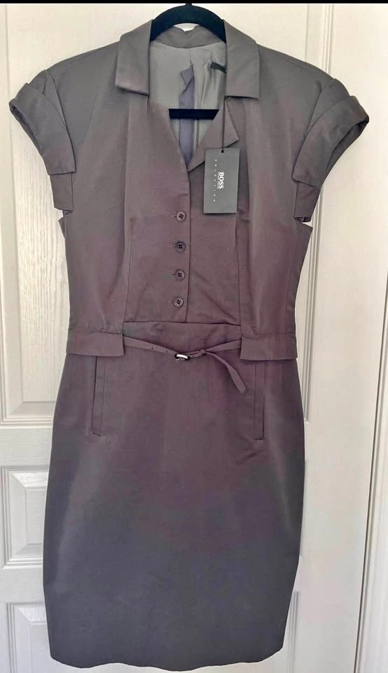 BNWT HUGO BOSS Dark Grey Collared Shirt Dress Tie Waist