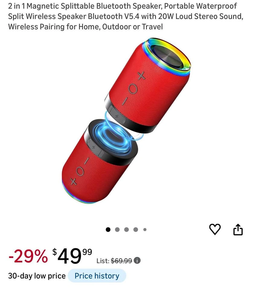 2 in 1 Magnetic Splittable Portable Wireless Speaker (Red/Black)