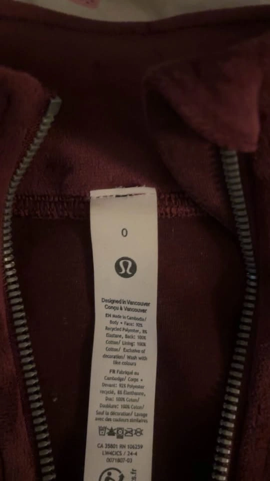 Lululemon Maroon Velour Full-Zip Jacket Size 0 - photo 2