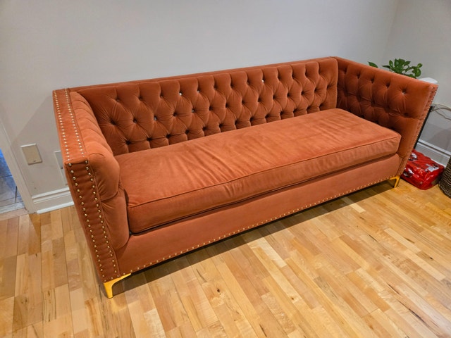 Orange Velvet Tufted Sofa