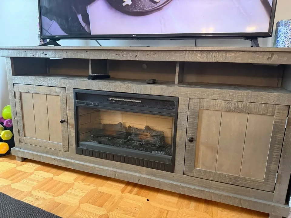 Rustic Gray Fireplace TV Stand - photo 2