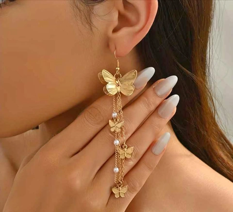 Golden Butterflies Earrings Long Drop Cute Sparkly Stud Dangles
