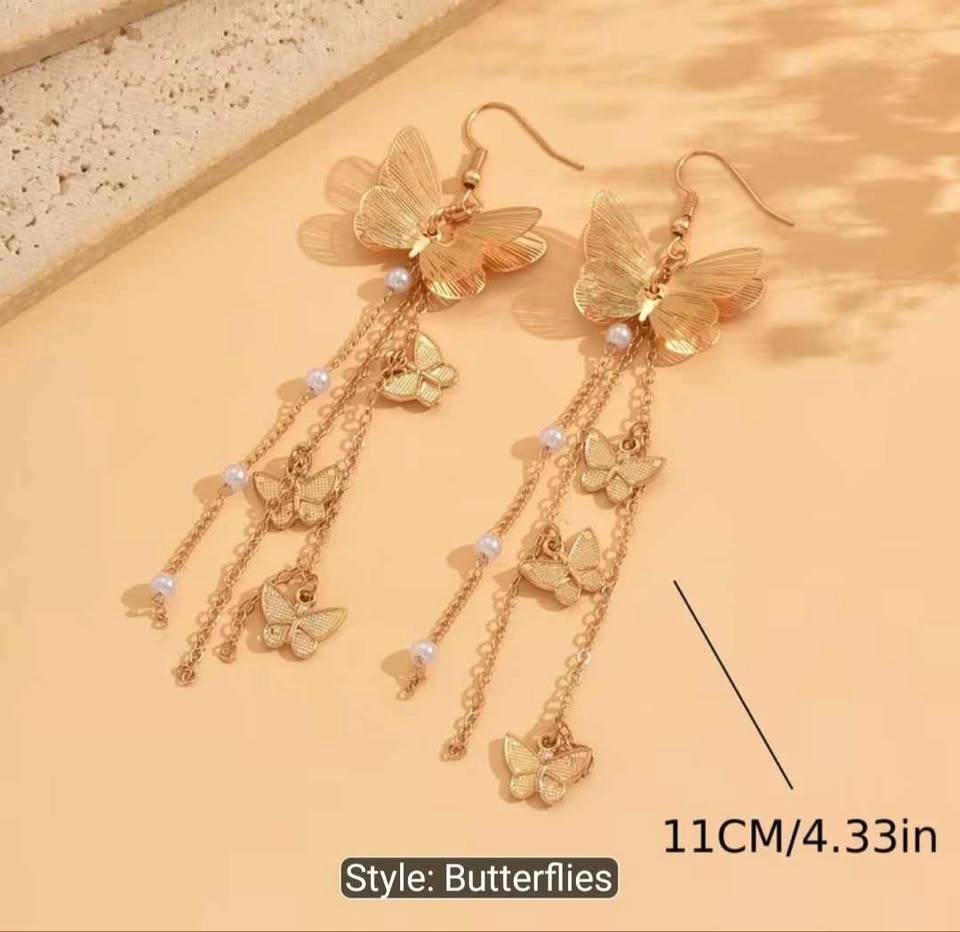 Golden Butterflies Earrings Long Drop Cute Sparkly Stud Dangles - photo 2