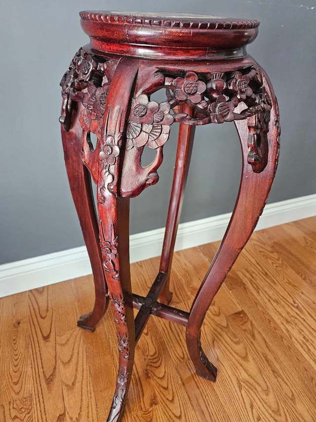 Chinese Carved Hardwood Plant Stand / Pedestal — Marble