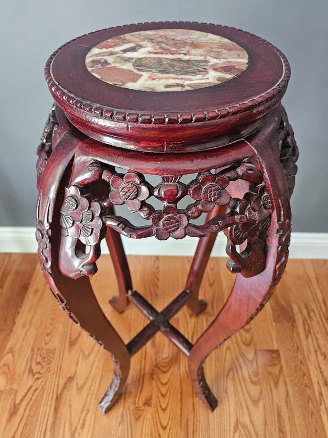 Chinese Carved Hardwood Plant Stand / Pedestal — Marble - photo 2
