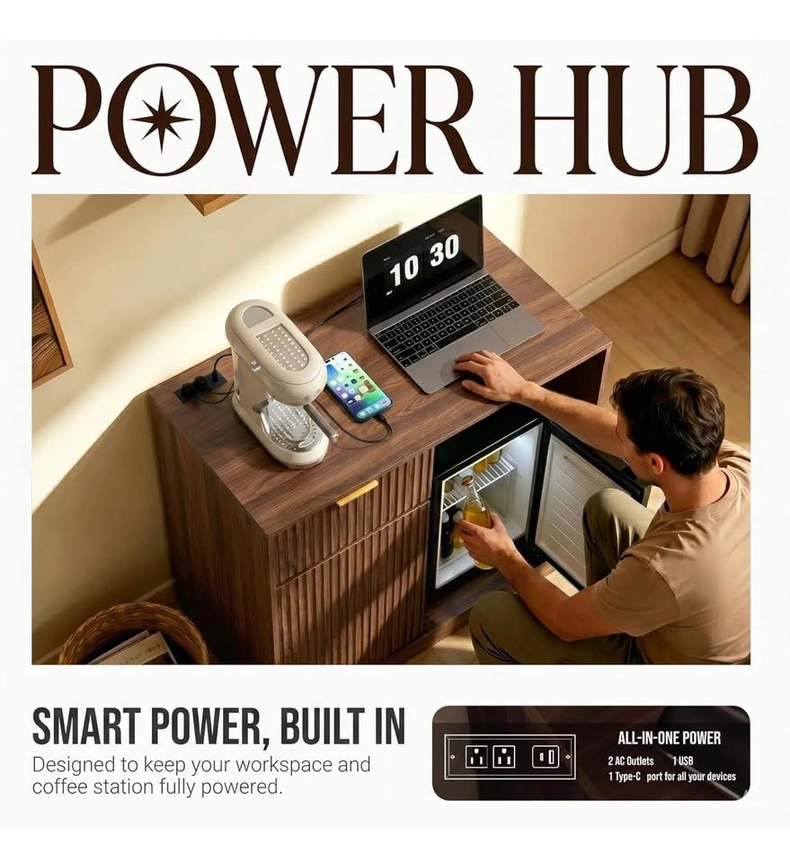 NIB Mini Fridge Cabinet w/ Power Outlet, Coffee Bar - photo 4