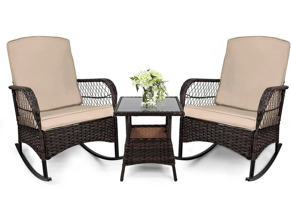 NEW 3 pc Wicker Outdoor Rocking Chair Set w/ Glass Table