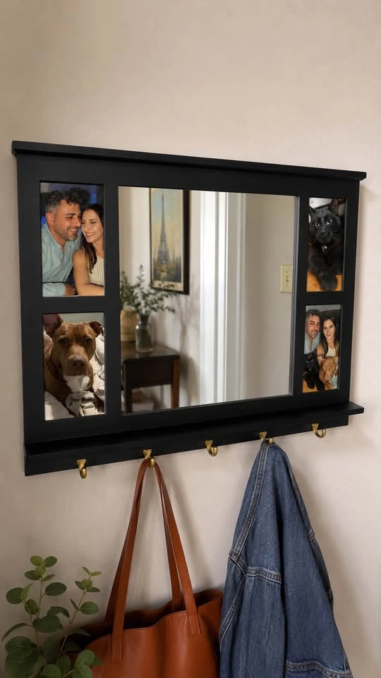 Large Entryway Mirror & Photo Collage Shelf with Hooks – Black