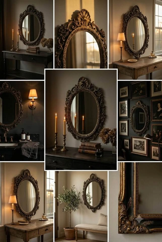 Vintage Baroque Oval Mirror – Black & Antique Gold Gothic Wall D - photo 3